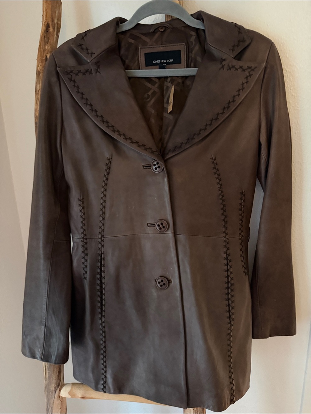 Jones New York Y2K Chocolate Brown Soft Leather Long Button Jacket Small